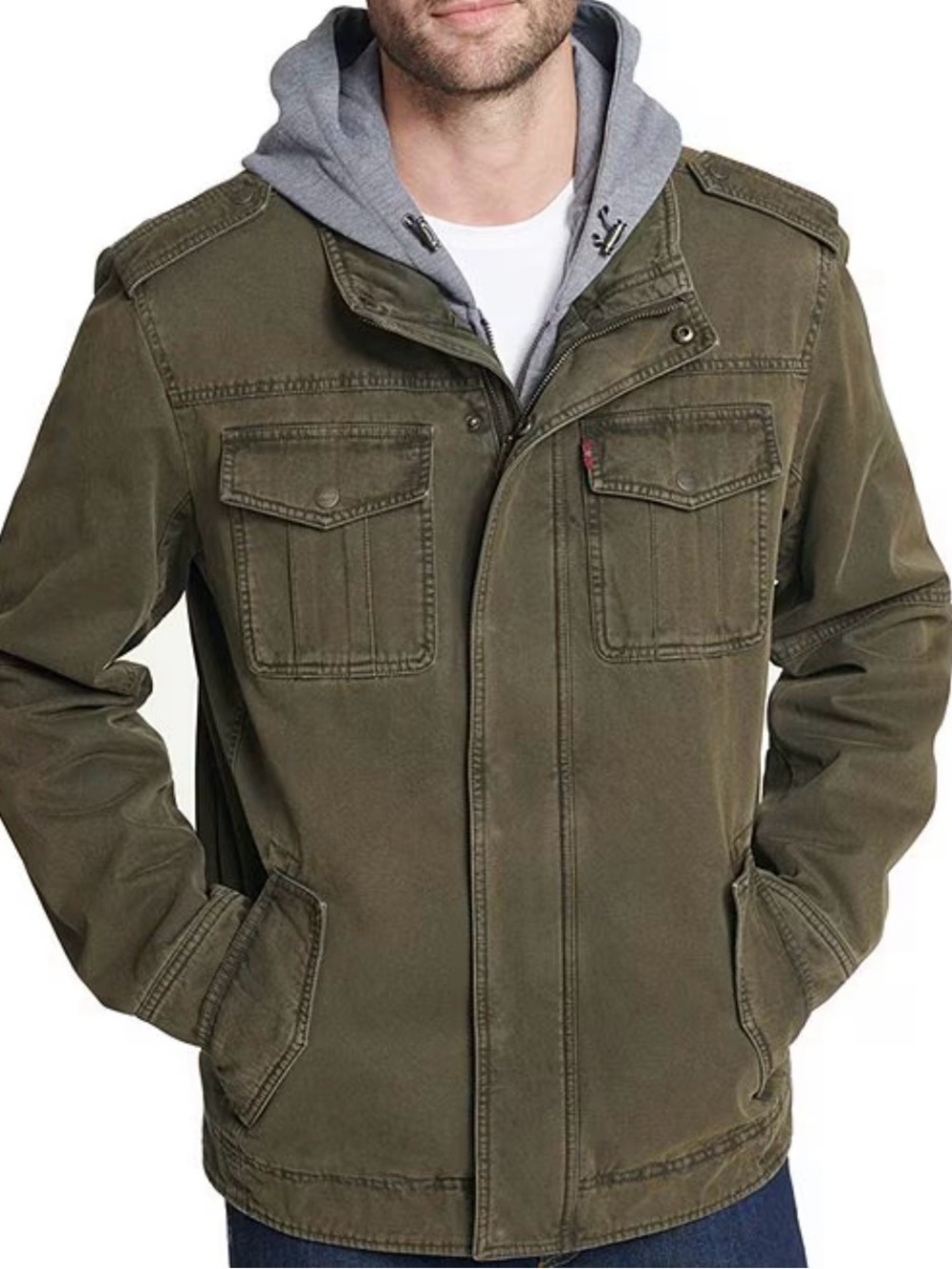Levi's Men's Twill Military Trucker Jacket Size Small Olive Hooded Sherpa Lined